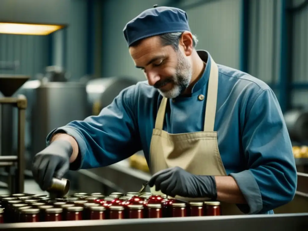 Artesano en conservas: Detalle vintage en fábrica europea Un trabajador de fábrica sellando latas en una fábrica de conservas europea, destacando la meticulosidad y el origen de la comida procesada en Europa