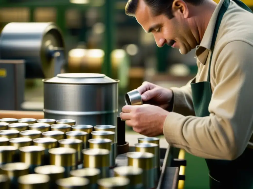 Operario sellando lata en fábrica vintage Trabajador sellando lata en fábrica vintage