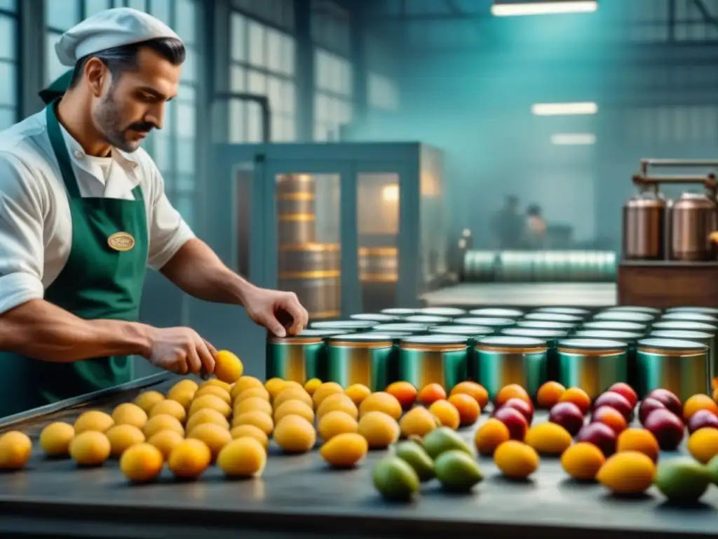Trabajador de fábrica de conservas sellando lata vintage con frutas Trabajador sellando lata con frutas en fábrica europea, mostrando el origen de comida procesada en Europa
