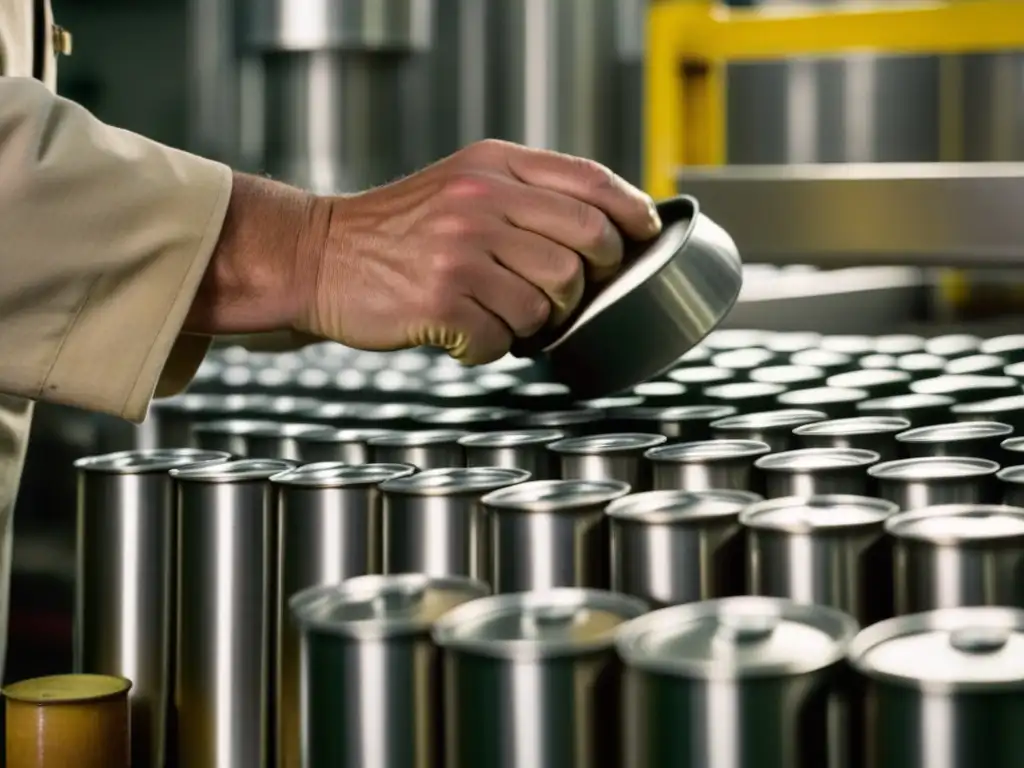 Detalle vintage: obrero sellando latas en fábrica europea Un trabajador sellando latas en fábrica europea de alimentos procesados