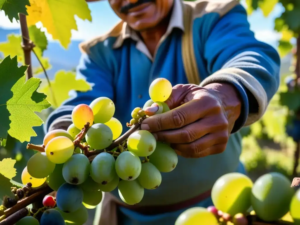 Un trabajador de destilería peruana cosecha uvas para pisco bajo el sol dorado, mostrando la receta tradicional pisco peruano historia