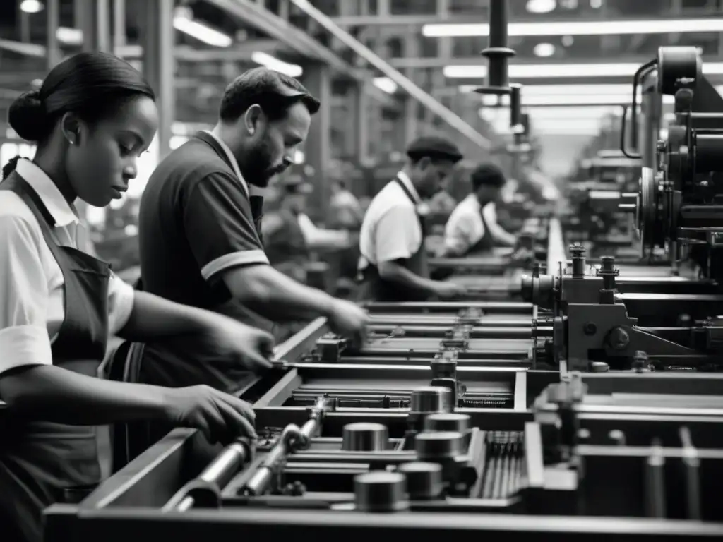 Trabajo intenso en fábrica durante la Revolución Industrial, reflejando las normas culinarias en documentales históricos