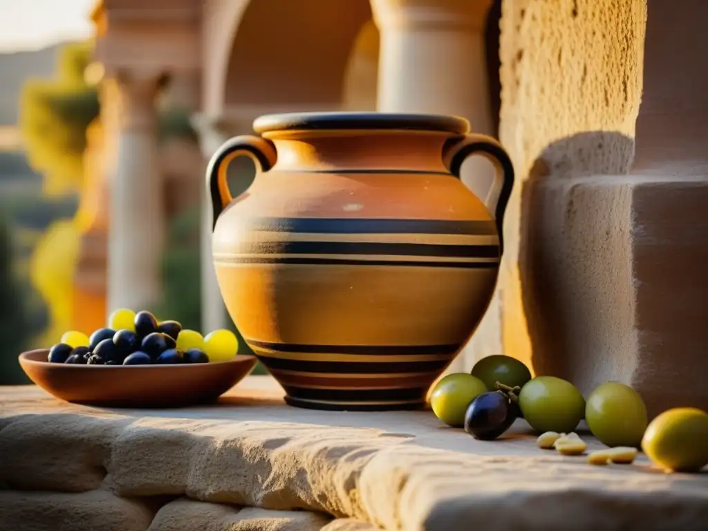 Una tradicional ánfora griega antigua llena de vibrantes ingredientes en ruinas antiguas al atardecer