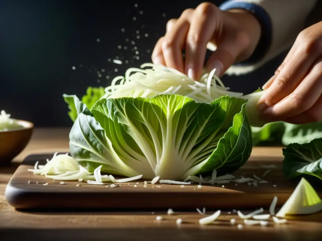 Preparación de Sauerkraut: Masaje de repollo con sal Preparación tradicional de sauerkraut, resaltando sus beneficios para la salud con fermentación natural