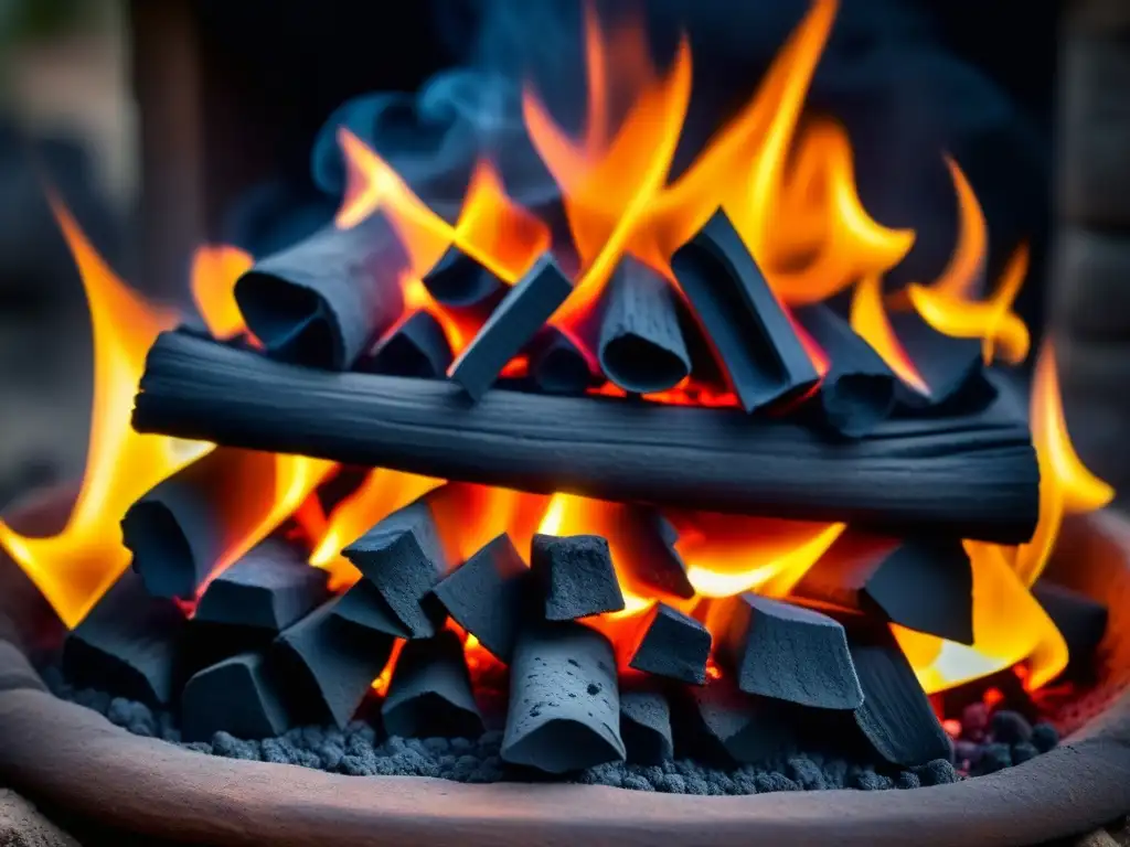 Una tradicional cocina con carbón en historia: carbones al rojo vivo en fogón de barro, rodeados de humo y manos expertas