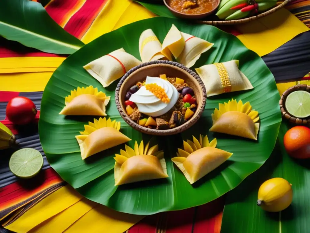 Festín azteca tradicional con comida exótica y vibrantes colores, resaltando la función social de la comida en la época de la conquista