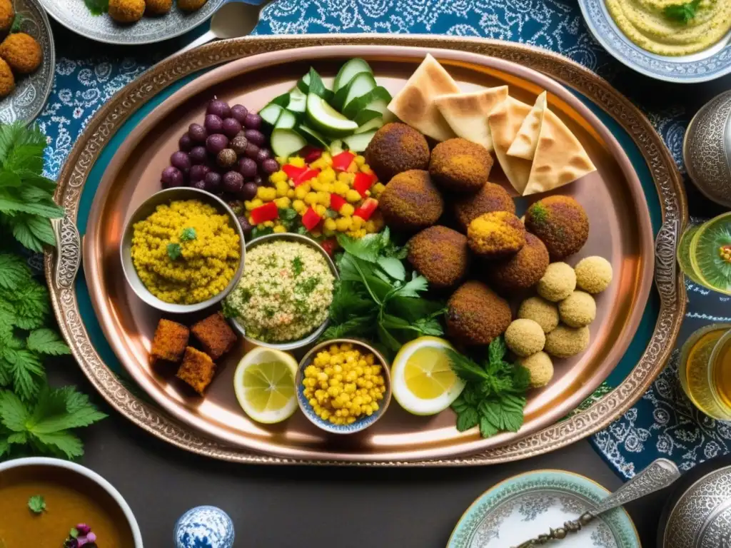 Un festín árabe tradicional, con couscous, falafel, hummus, tabbouleh y kebabs, rodeado de utensilios y almohadones de seda bordada