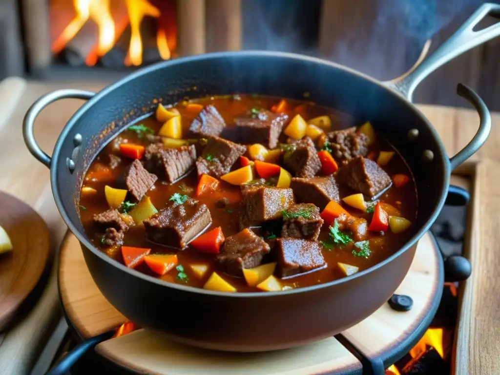 Un tradicional gulash húngaro en una olla de hierro sobre fuego, evocando la gastronomía del Imperio Austrohúngaro