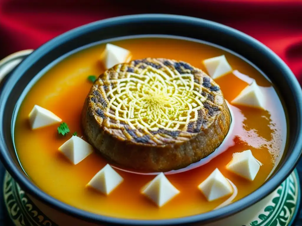 Preparación tradicional Kak'ik Maya: Olla burbujeante con vibrante sopa roja y texturas de pavo, envuelta en fragante vapor