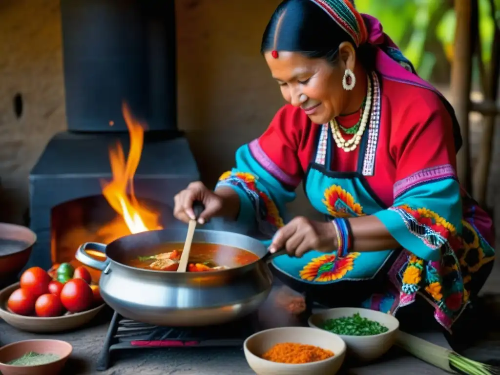 Preparación tradicional Kak'ik Maya: Mujer maya preparando sopa sobre fuego