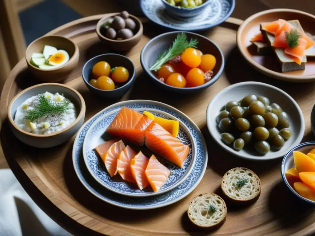 Una festín nórdico tradicional en mesa de madera, con platos de salmón ahumado, arenque encurtido, pan centeno, frutos rojos y carne de reno