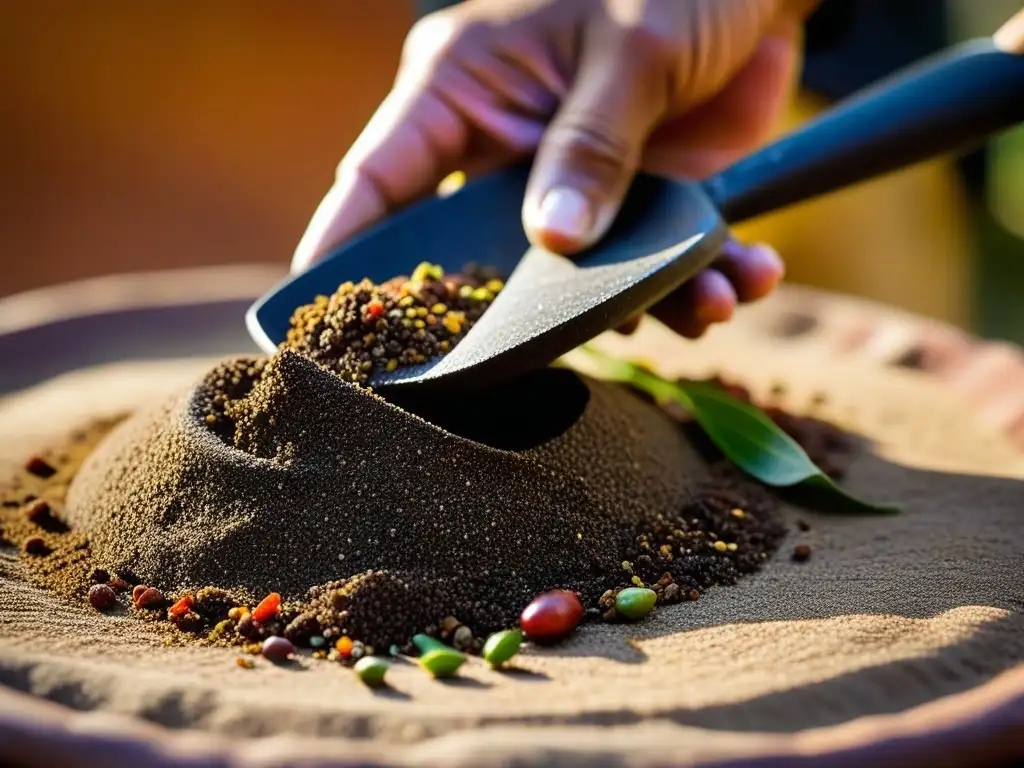 Preparación tradicional de mole poblano en metate, resaltando origen y significado del mole