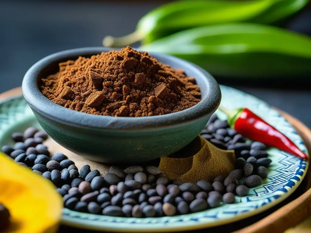 Preparación tradicional de mole poblano con metate y mano, resaltando el origen y significado del mole