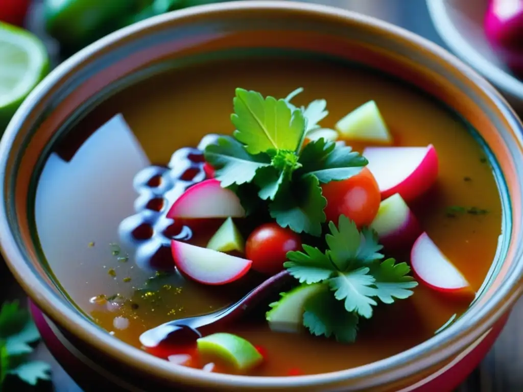 Un tradicional pozole prehispánico recetas culturales servido en una olla de barro, con coloridos adornos y caldo brillante