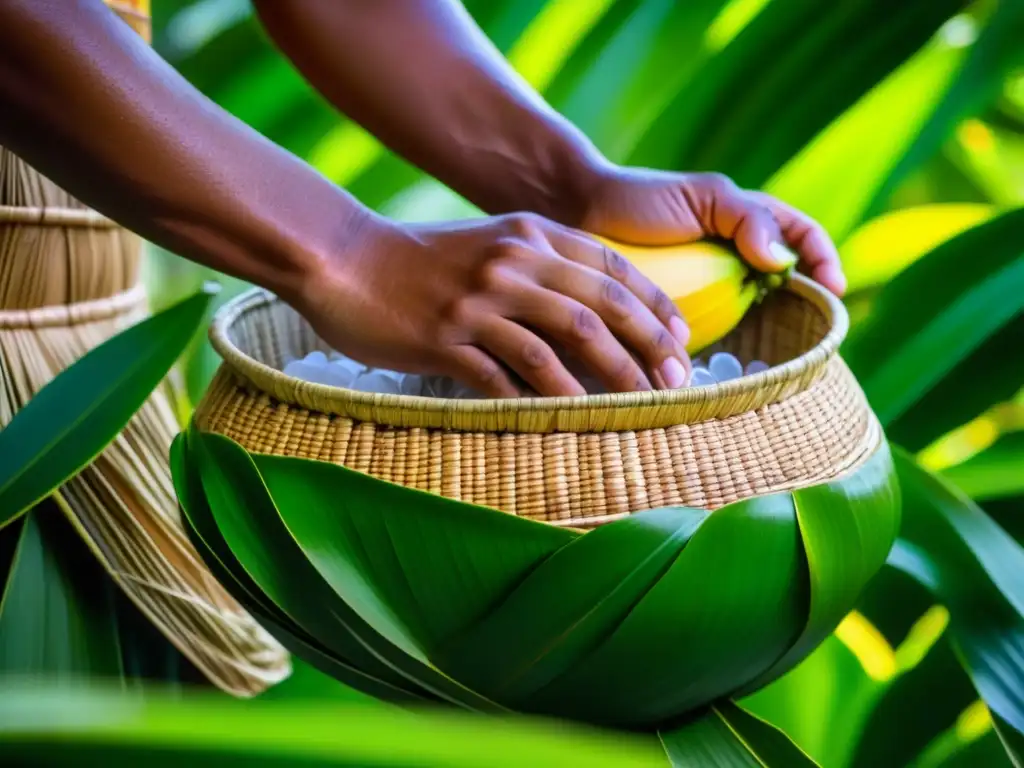 Tradicional recipiente de fermentación en Micronesia, rodeado de hojas verdes y flores tropicales, mostrando el proceso natural y beneficioso