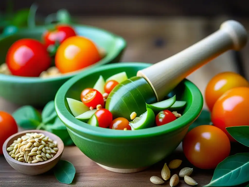 Preparación tradicional tailandesa de Som Tam con ingredientes frescos y coloridos