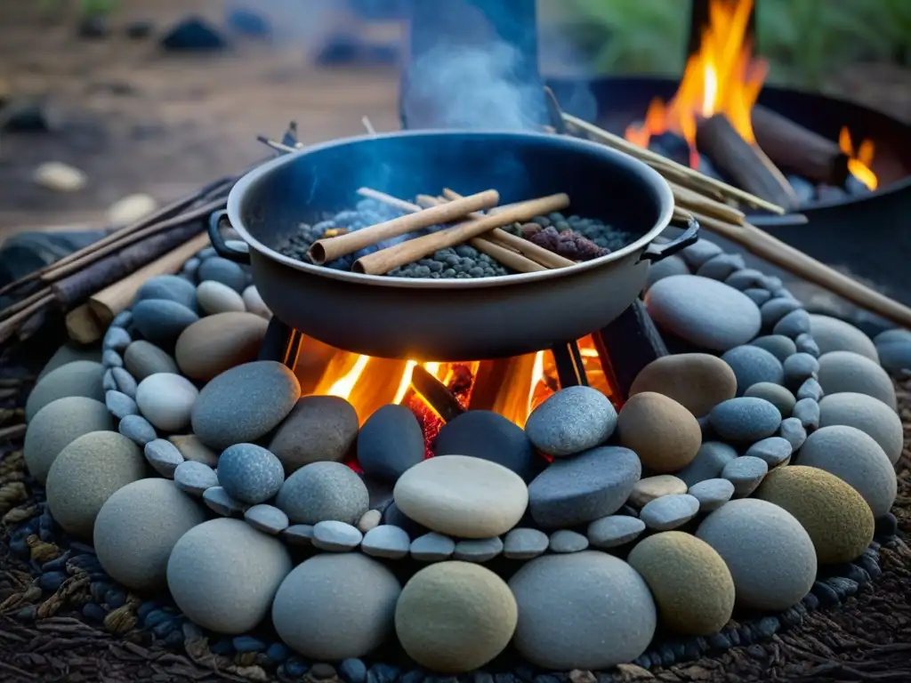 Un fogón indígena tradicional con uso histórico de combustibles sostenibles, cocinando un nutritivo platillo sobre piedras y leña