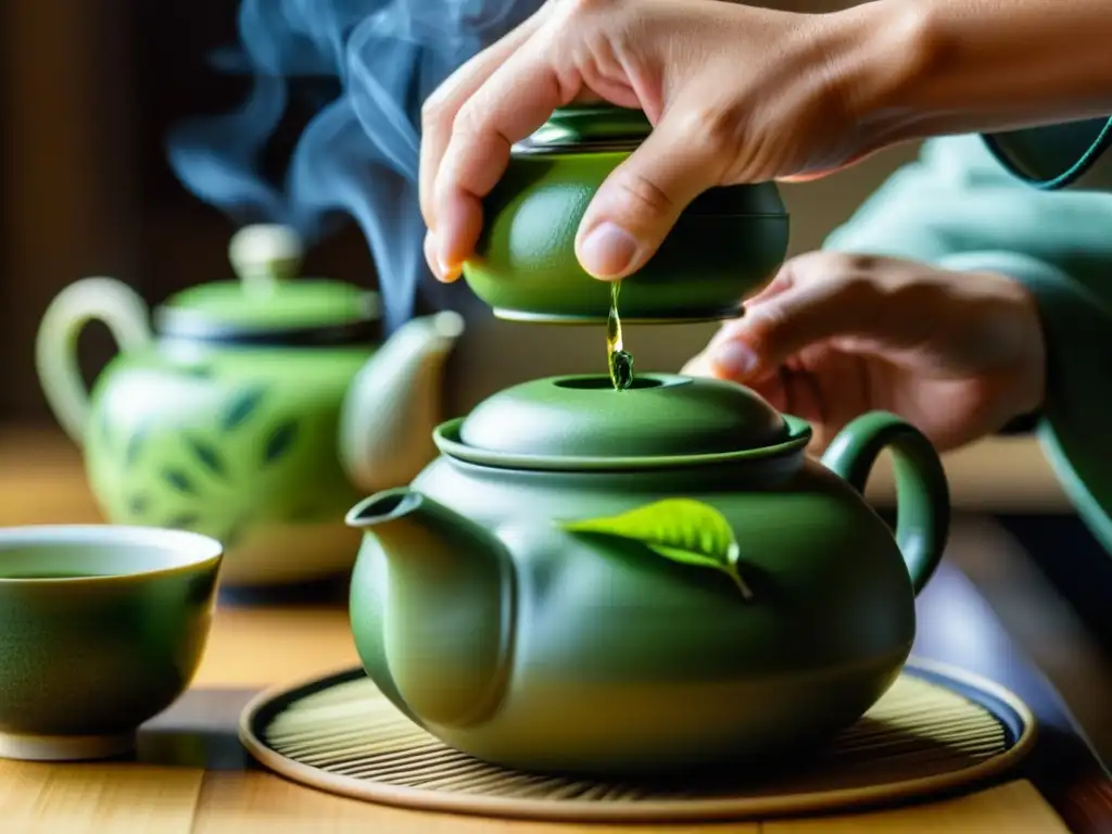 Preparación tradicional de té verde: hojas vibrantes en tetera japonesa, ritual calmante