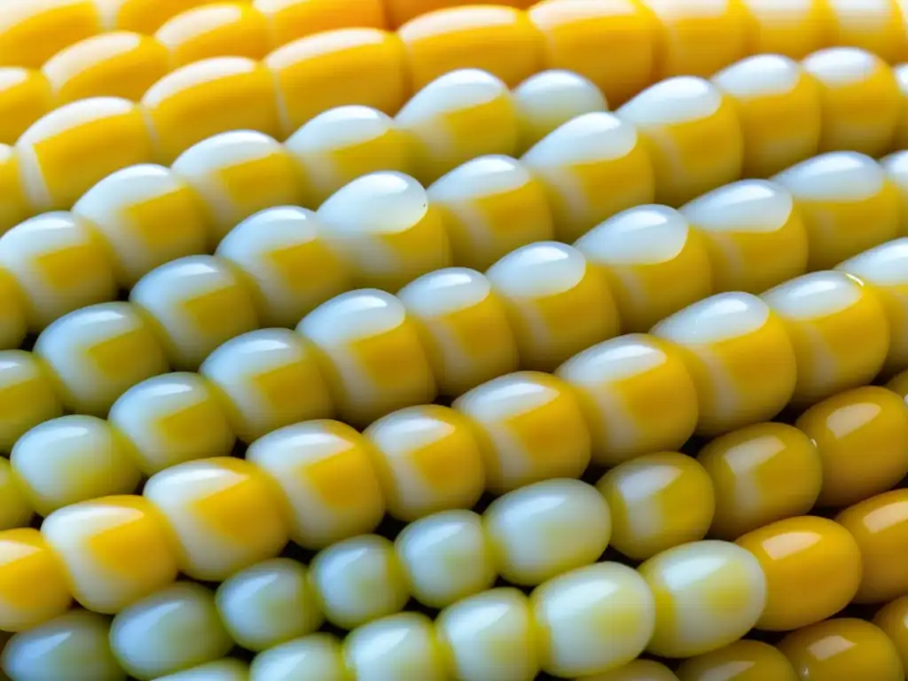 Un maíz transgénico en cocina latinoamericana: detalle vibrante de mazorca con granos en tonos amarillo, naranja y blanco, brillando con gotas de agua