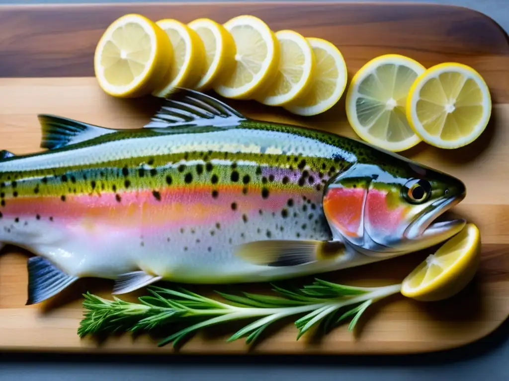 Una trucha arcoíris fresca y vibrante, lista para preparar la adaptación andina de ceviche en una tabla de cortar de madera rústica