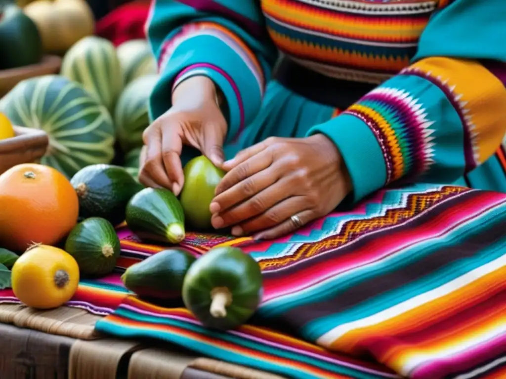 Trueque alimenticio en el Imperio Inca: Mujer intercambia textiles por frutas y verduras en bullicioso mercado incaico