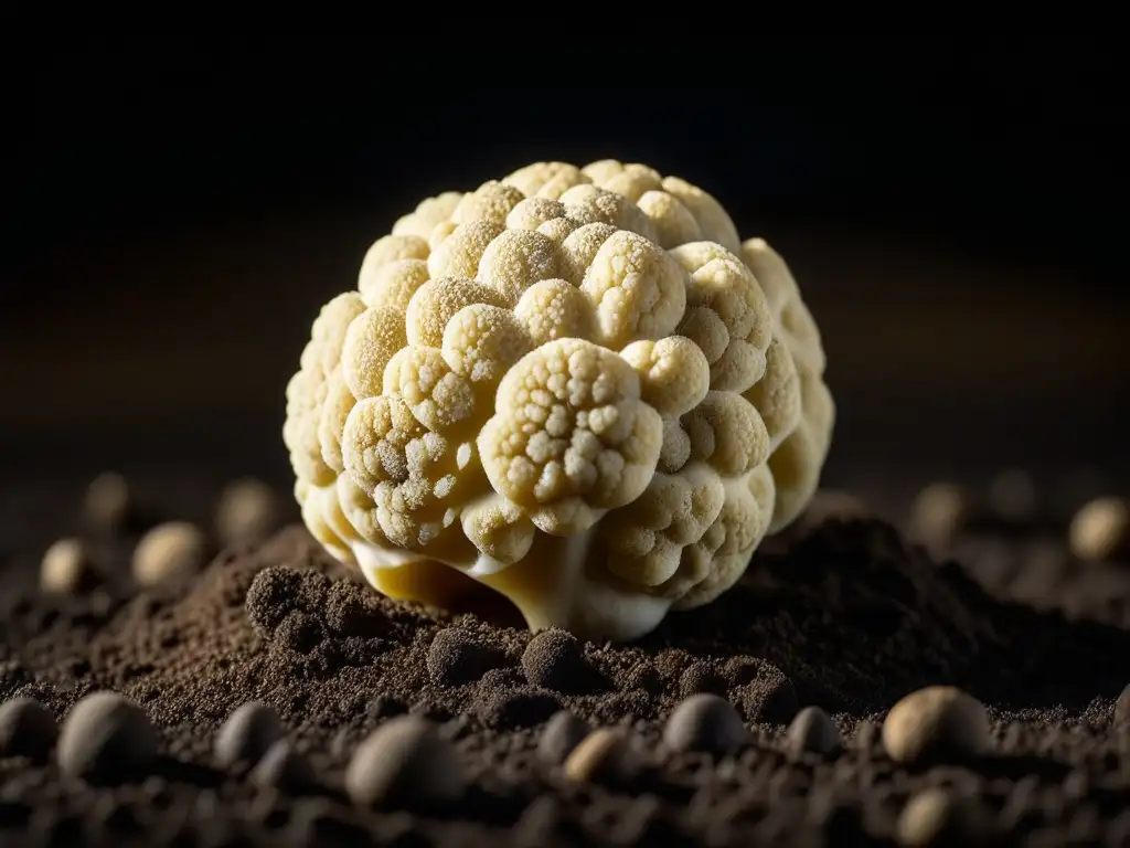 Una trufa blanca perfectamente cuidada sobre tierra oscura