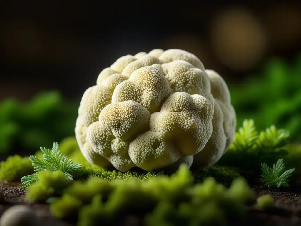 Una trufa blanca impecable reposa sobre musgo verde en una bodega tenue, resaltando sus texturas y patrones naturales