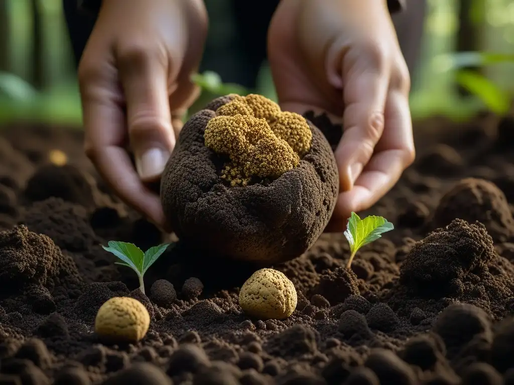 Una trufa siendo desenterrada en un bosque, mostrando sus raíces y tierra