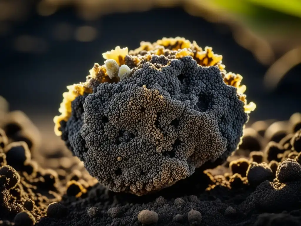 Una trufa negra recién desenterrada, cubierta de tierra oscura, resplandece bajo la suave luz natural