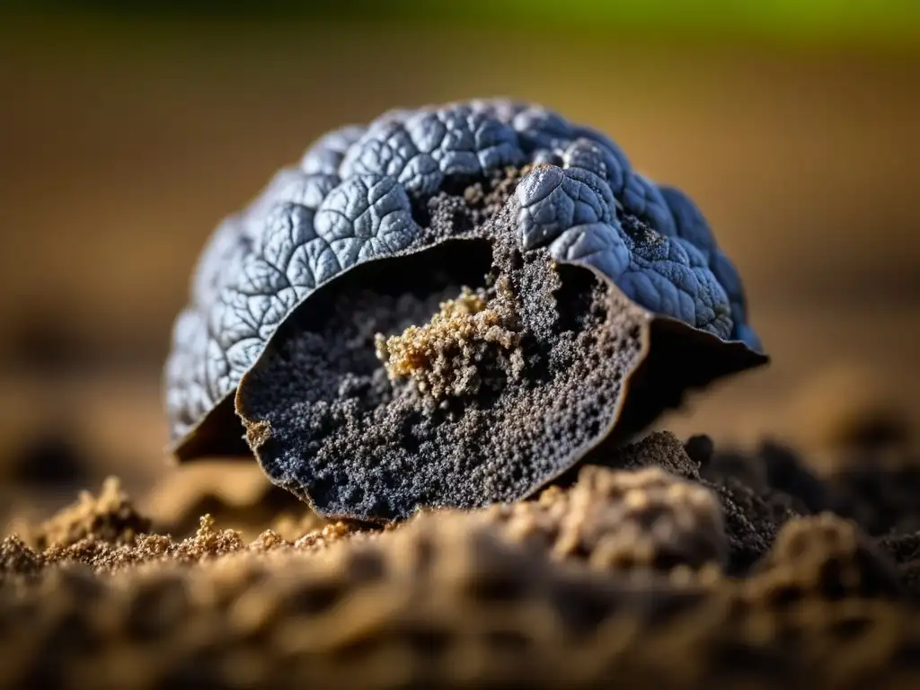 Una trufa negra recién desenterrada reposa en suelo terroso, mostrando su textura y aroma