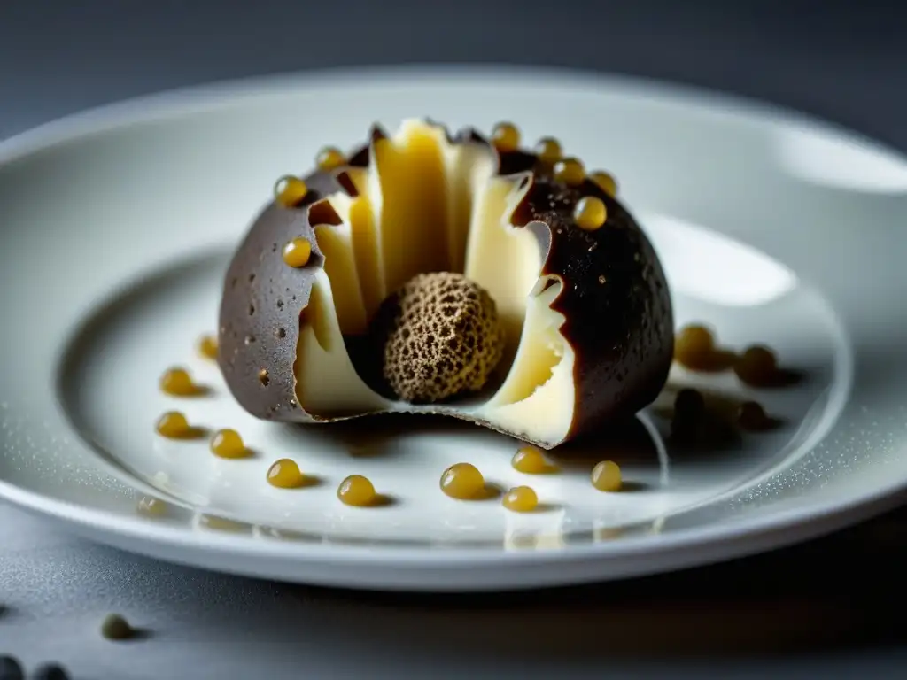 Una trufa rebanada con elegancia sobre un plato de porcelana blanca, mostrando sus tonos terrosos y textura