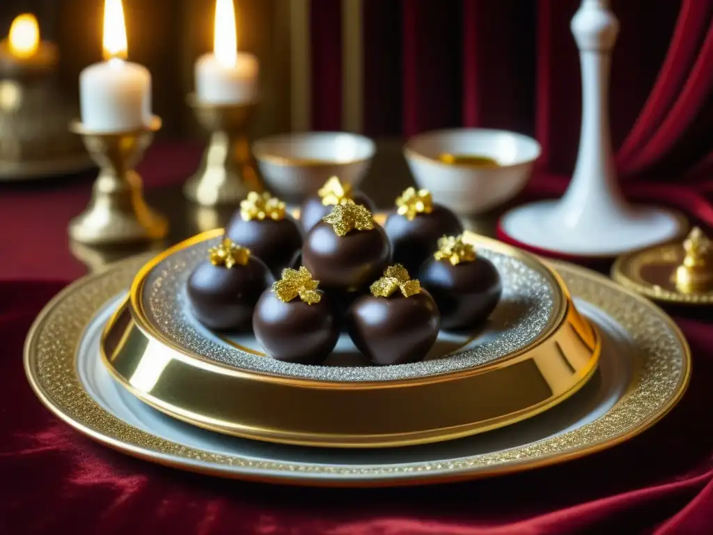 Trufas en la mesa zarista: Delicadas trufas de chocolate con hojuelas de oro en un plato de plata, rodeadas de opulencia y elegancia imperial