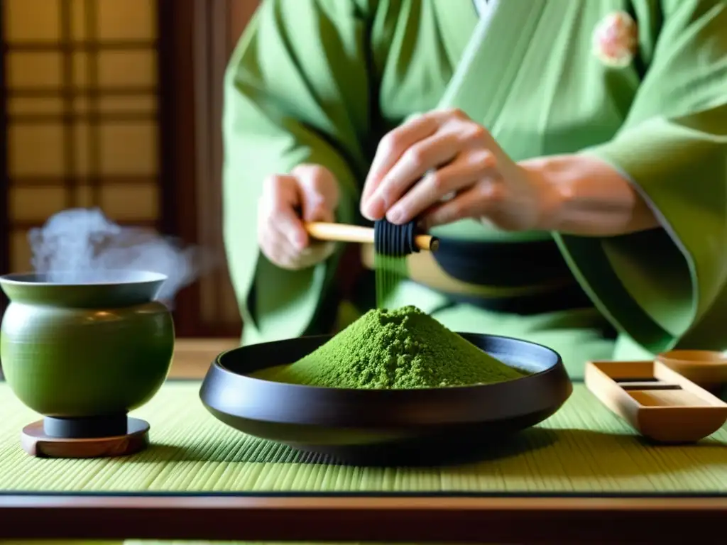 Umami en la gastronomía japonesa: Ceremonia del té con matcha, destacando la meticulosidad y serenidad del ritual