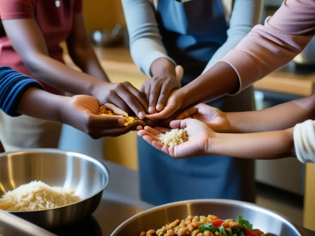 Unidos en la cocina comunitaria durante crisis: manos diversas preparando alimentos con esperanza y solidaridad