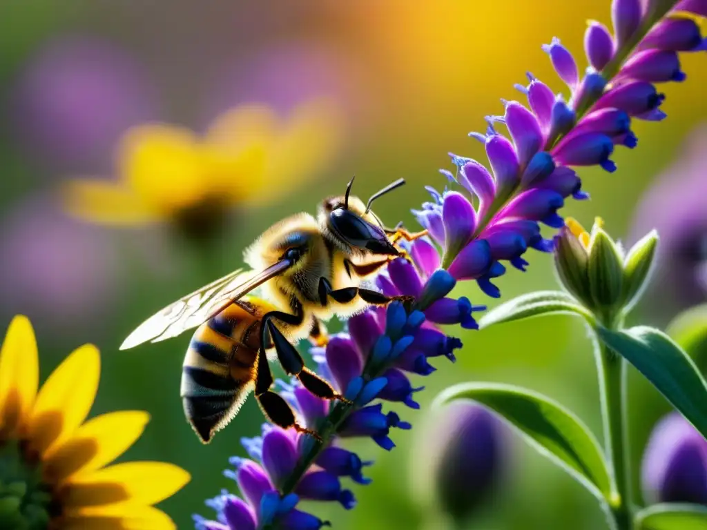 Usos históricos de la miel: Una abeja recolectando néctar de flores silvestres en un prado soleado, con alas delicadas en movimiento