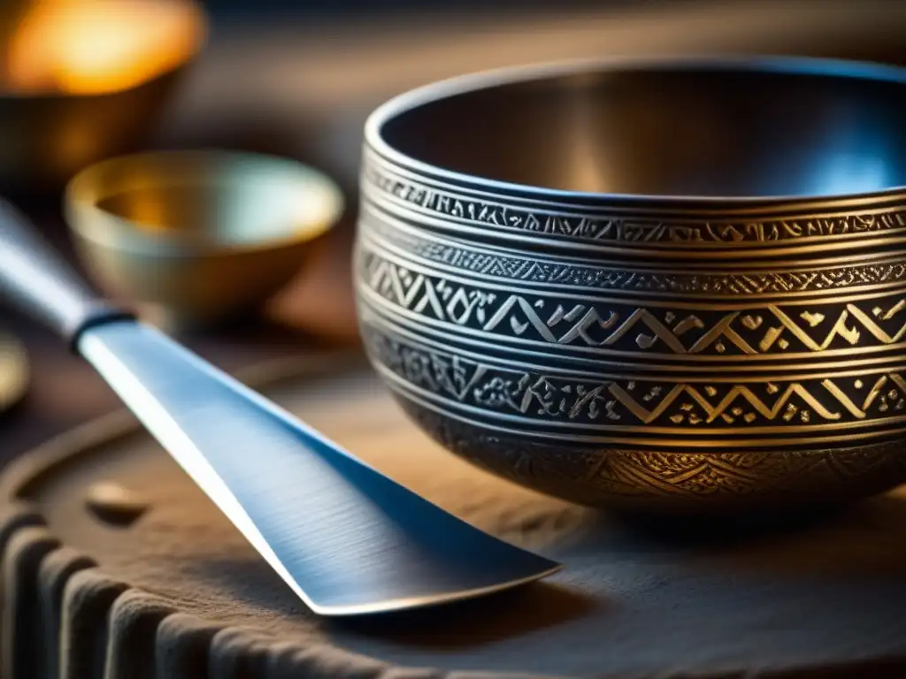 Un utensilio de cocina antiguo con grabados detallados iluminado por luz natural