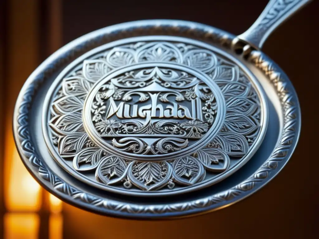 Utensilio de cocina de la era Mughal con grabados detallados, artesanía delicada y señales de uso histórico, iluminado cálidamente