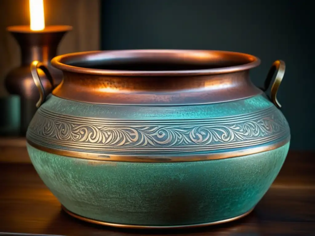 Utensilio de cocina histórico con distinción: olla de cobre antigua y detallada sobre encimera de piedra desgastada, evocando belleza atemporal