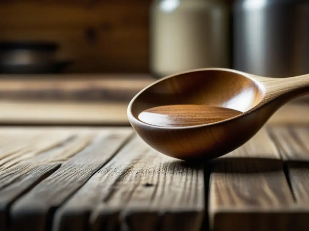 Un utensilio de cocina de madera desgastado descansa en una mesa rústica, mostrando su historia y cultura a través de sus marcas y arañazos