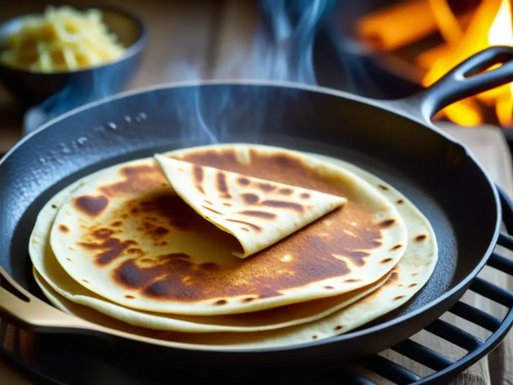 Utensilio de cocina tradicional del sur de Asia: tawa de hierro con parathas dorados emitiendo vapor