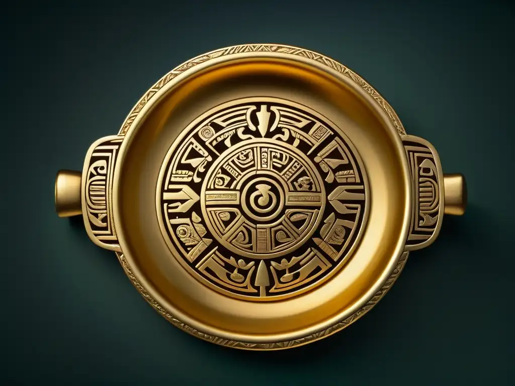 Utensilio cocina azteca ceremonial de oro con intrincados grabados y símbolos tradicionales