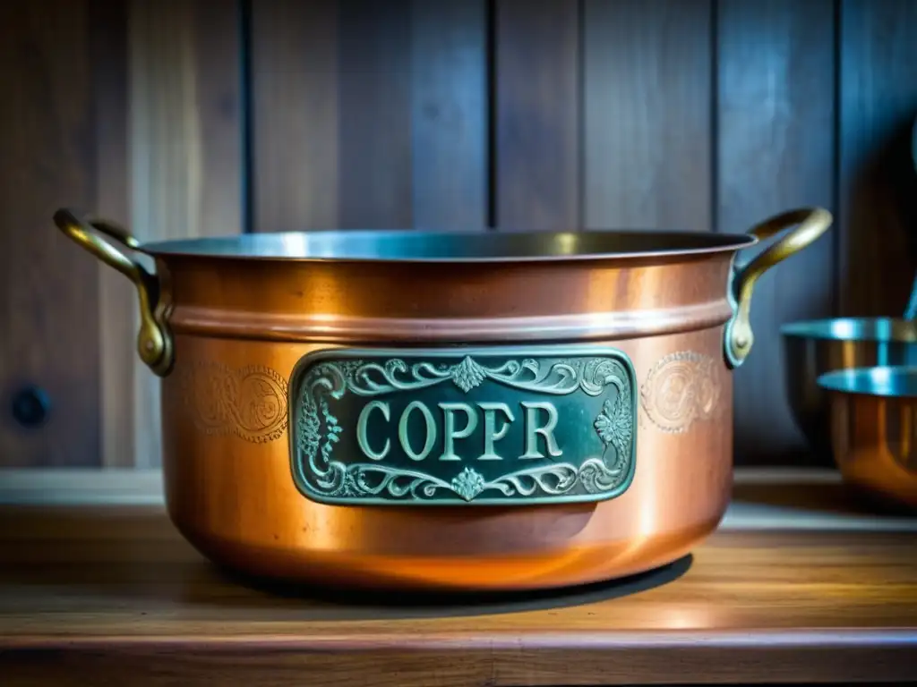 Utensilios antiguos para cocina histórica: Detalle de una olla de cobre vintage con grabados y pátina en una mesa de madera rústica