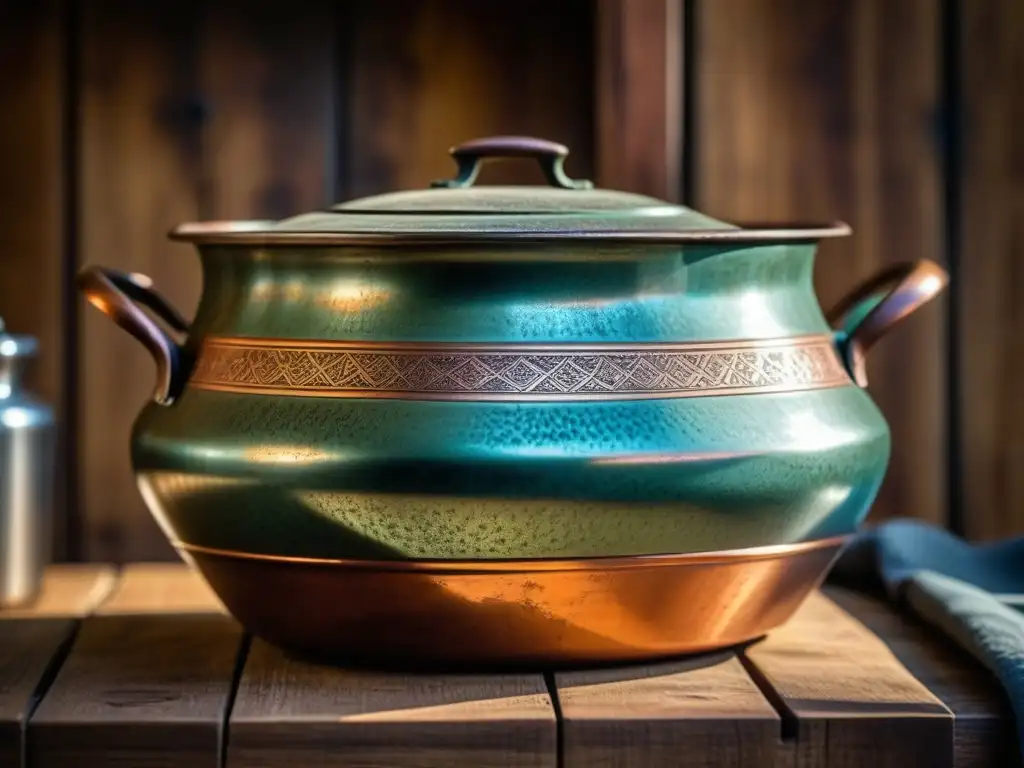 Utensilios de cocina históricos colección: Detalle de una olla de cobre envejecida con grabados, sobre una mesa de madera rústica