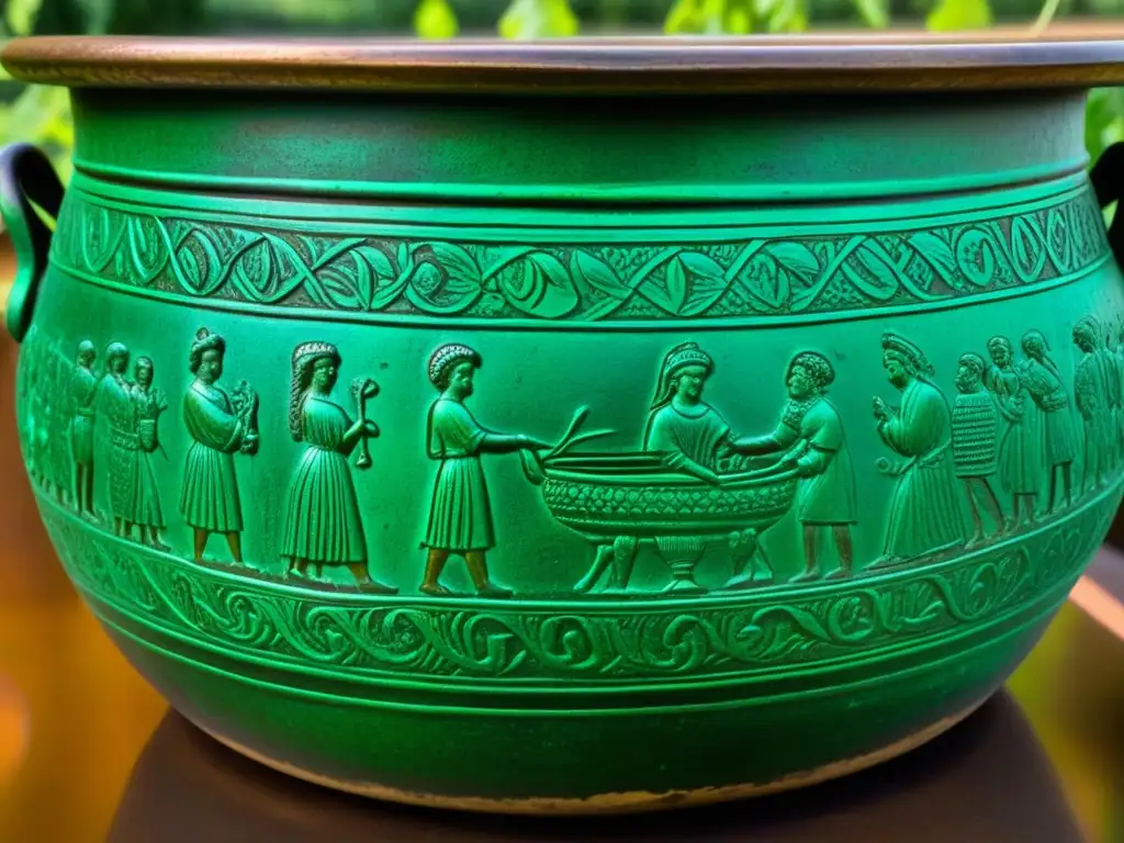 Utensilios de cocina históricos con distinción: una olla romana de bronce con grabados de vid y figuras mitológicas