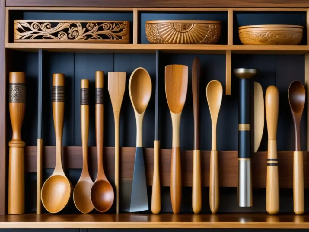 Utensilios de cocina japoneses de madera, detalle de la artesanía culinaria de la Era Edo