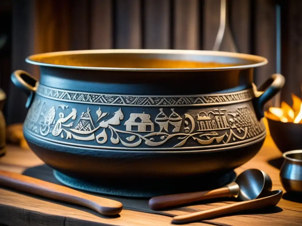 Utensilios de cocina era vikinga: Detalle de una olla con grabados en una mesa rústica, rodeada de utensilios antiguos