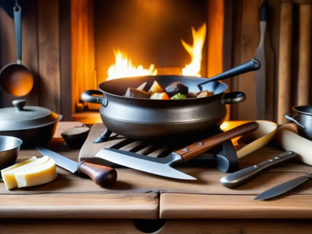 Utensilios de cocina de la era vikinga cuidadosamente dispuestos en una mesa de madera, con una olla de hierro rústica humeante llena de guiso