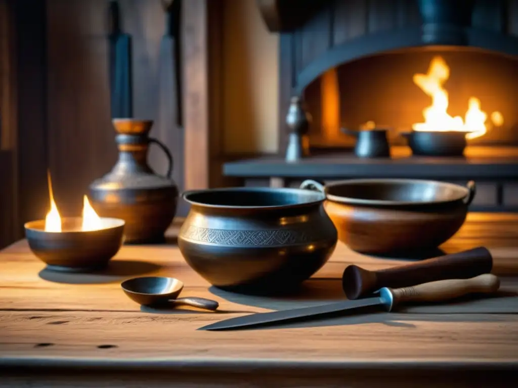 Utensilios de cocina vikingos en una mesa de madera rústica iluminada por velas