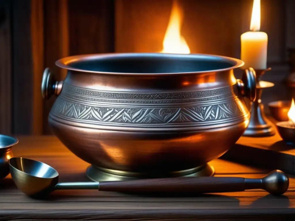 Antigua olla de cobre medieval con grabados detallados Utensilios históricos para cocina: Detalle de una olla medieval de cobre con grabados, asas elaboradas y cálido resplandor de velas