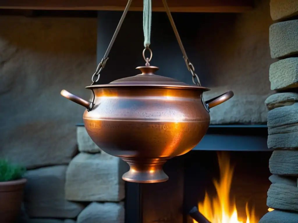 Antigua olla de cobre brillando junto a la chimenea Utensilios históricos para cocina: Una olla de cobre antigua cuelga sobre la chimenea en una cocina rústica, iluminada por el fuego